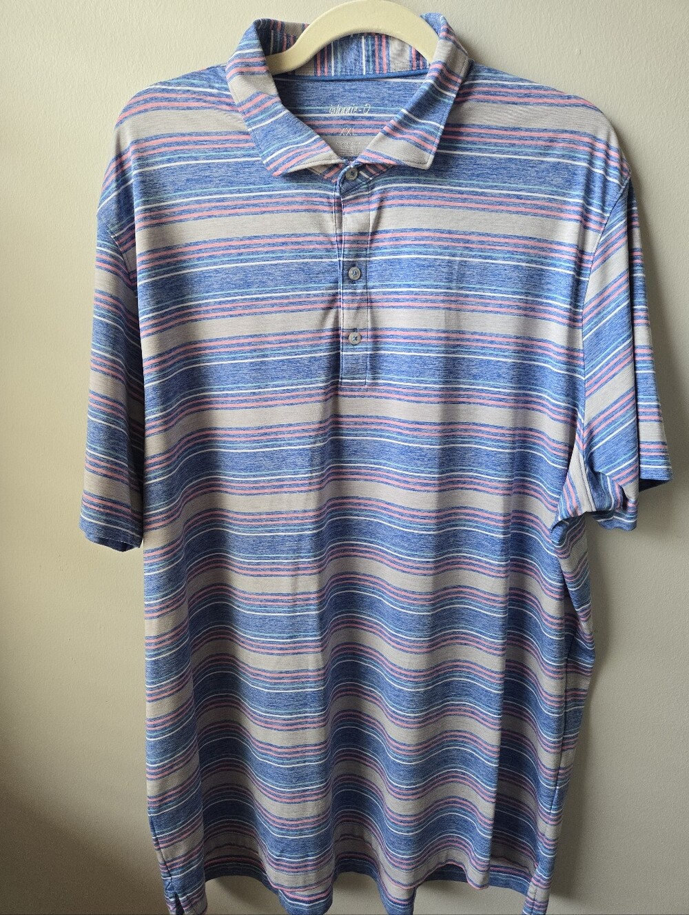 johnnie-O Striped Polo in Blue and Cream with Pink Accents